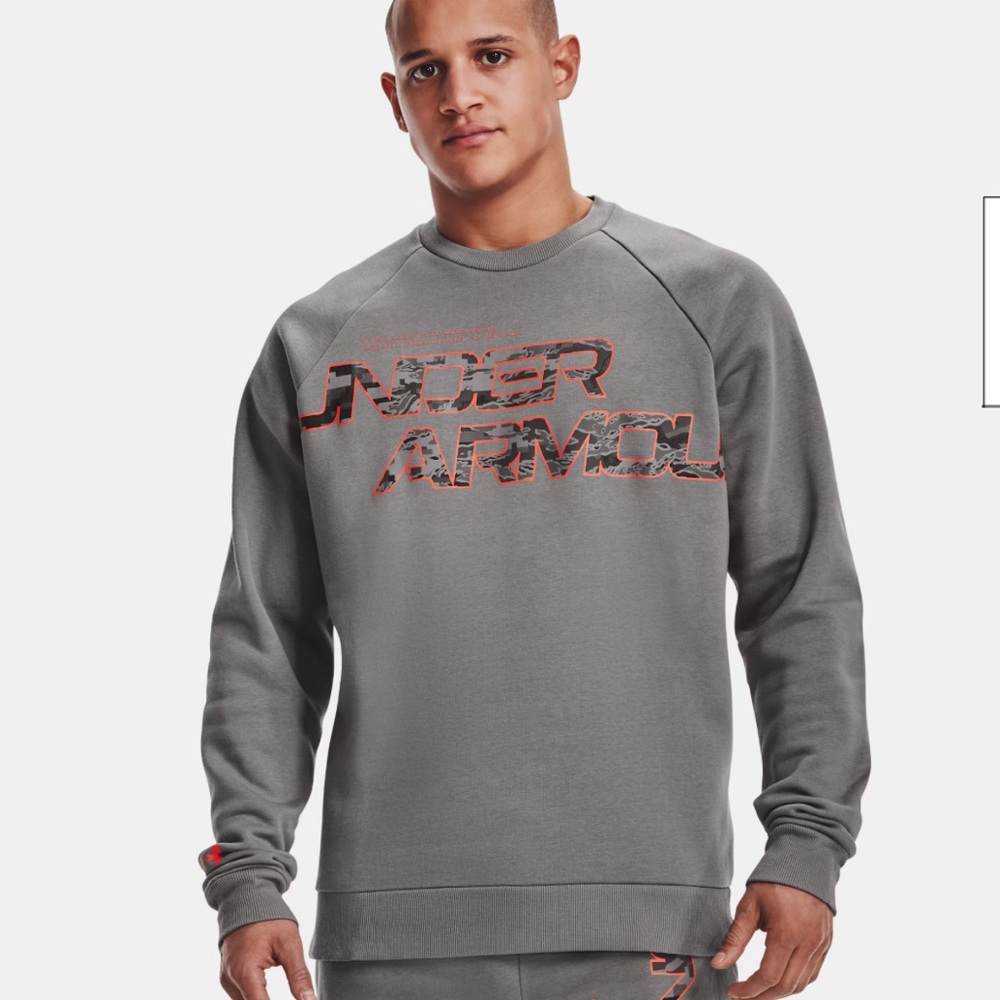 Mens UA Rival Fleece Camo Script Crew (sold out everywhere) size large loose fit